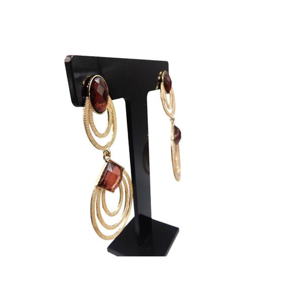 Modern Pierced Dangle Earrings Brown Beads Women Fashion Textured Gold Tone - Picture 2 of 10